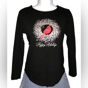 Holiday Time Black Red Silver Cardinal Long Sleeve Shirt Size Small (4-6)